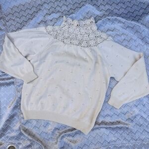 In-Wear Vintage 1980s Sweater Cream Crochet Lace High Neck Pointelle Cotton